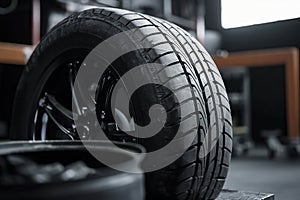 A close-up of a performance tire on an alloy wheel, set in a workshop with a focus on detail and design