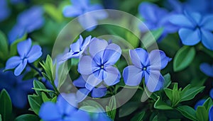 A close-up of periwinkle flowers in a garden, showcasing their delicate petals and soothing color palette with impeccable 8k