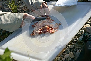 Close up of person chopping bacon rations