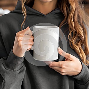 Close-up of a person clad in a cozy grey hoodie, cradling a blank white mug in both hands. The focus is on the mug, offering photo