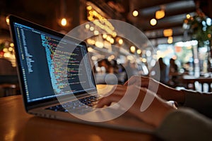 Close-up of a Person Coding on a Laptop in a Cafe
