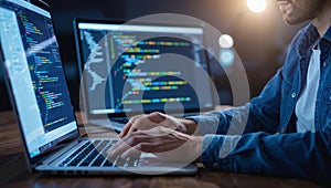 Programmer working on multiple computer screens at night