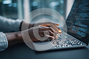 Close-up of a person coding on a laptop keyboard in a dimly lit environment with visible programming code on the screen