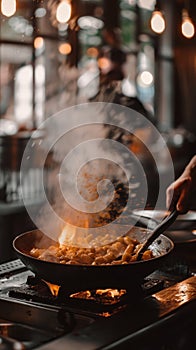 A close-up of a person cooking noodles in a wok on a stove, flames licking the sides