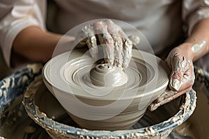 Close up of person forming white raw clay into pottery