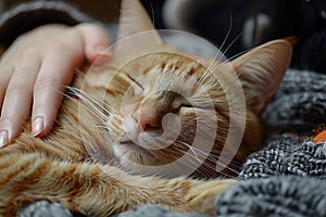 A close-up of a person gently petting a cat