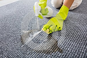 Close-up Of Person Hand Spraying Detergent On Carpet