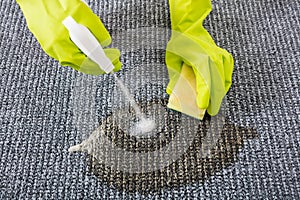 Close-up Of Person Hand Spraying Detergent On Carpet