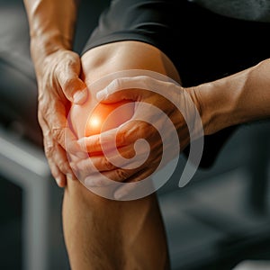 close up of a person holding knee, concept image knee pain or injury of cruciate ligament or cartilage