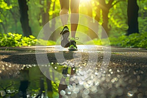 Close-up of person jogging in sunlit park, sneakers on the path. Concept healthy lifestyle and outdoor exercise