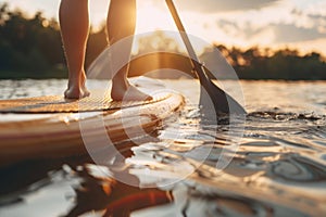 Close up of a person on a paddleboard at sunset