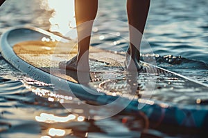 Close up of a person on a paddleboard at sunset
