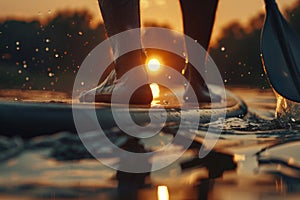 Close up of a person on a paddleboard at sunset