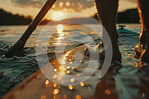 Close up of a person on a paddleboard at sunset