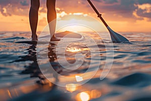 Close up of a person on a paddleboard at sunset