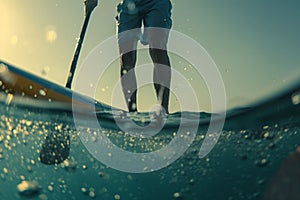 Close up of a person on a paddleboard at sunset