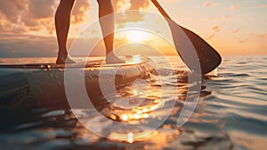 Close up of a person on a paddleboard at sunset