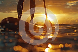 Close up of a person on a paddleboard at sunset