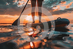 Close up of a person on a paddleboard at sunset