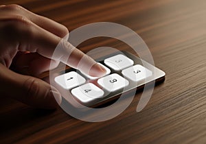 A close-up of a person pressing a numeric keypad button for input