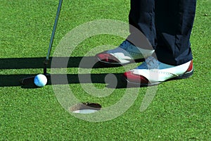 Close up of person putting golf ball on golf course