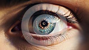 A close up of a person's eye with blue iris, AI