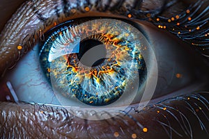 A close up of a person's eye with blue and orange iris