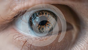 A close up of a person\'s eye with a brown iris photo