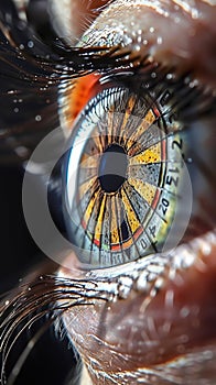 A close up of a person's eye with a clock on it
