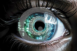 close-up of a person\'s eye with a computer circuitry in it. Ai concept .