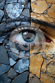 A close up of a person's eye with a cracked wall in the background. AI.