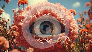 A close up of a person's eye in a field of flowers. Generative AI image.
