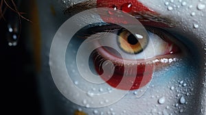 A close up of a person's eye with red paint and white eyes, AI