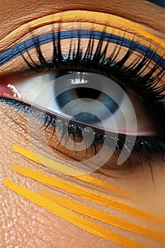 A close up of a person's eye with yellow and black makeup. Generative AI image.