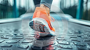 A close up of a person's feet on the tread mill, AI