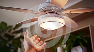 Close-up of a person's hand adjusting smart ceiling fans