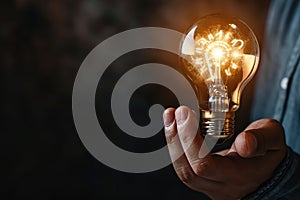 A close-up of a person\'s hand holding a lightbulb, with visible gears and mechanisms inside