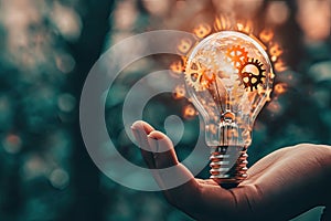 A close-up of a person\'s hand holding a lightbulb, with visible gears and mechanisms inside