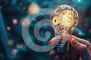 A close-up of a person\'s hand holding a lightbulb, with visible gears and mechanisms inside