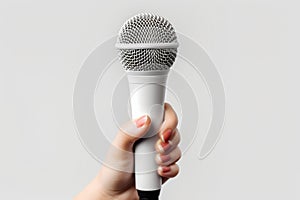 Close-up of a person's hand holding microphone on white background. Generative AI