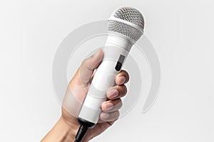 Close-up of a person's hand holding microphone on white background. Generative AI