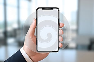 Close-up of a person\'s hand holding a smartphone with a blank screen