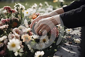 close-up of a person& x27;s hand, placing fresh flowers on the grave