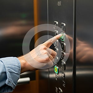 A close up of a person s hand pressing the UP button on an elevator control