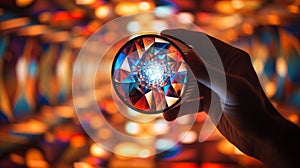 Close-up of a person\'s hand turning a kaleidoscope