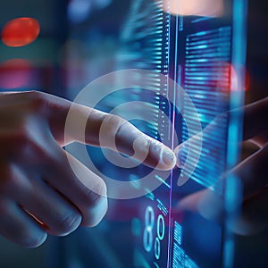 close up of a person's hand using a futuristic touchscreen interface