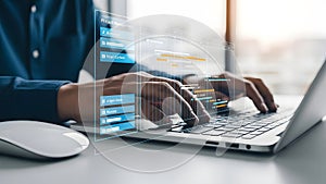 Programmer typing code on laptop with digital interface overlay