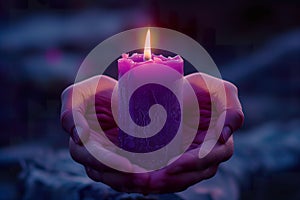 Close-up of a person\'s hands gently holding a lit purple candle. Generative AI