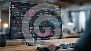 Close up of a person s hands typing on a keyboard in front of a computer screen displaying complex data analytics