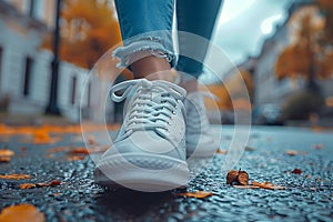 Close-up of a person\'s shoe while walking. Suitable for accompanying articles about the walking benefits,